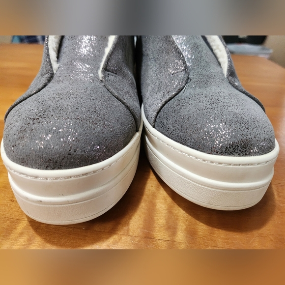 J/Slides Nada Pewter Metallic Suede Slip On Platform Shoes Faux Shearling Suede - Picture 4 of 11